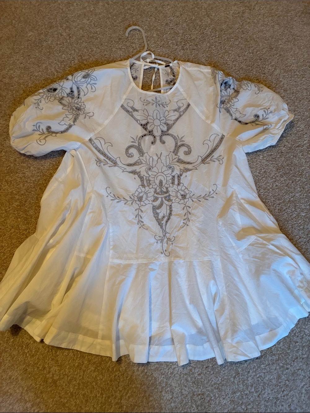 Free People Embroidered Puff Sleeve White & Gray Cotton Tunic Sz M